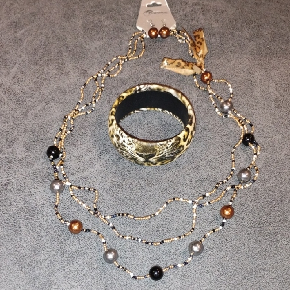 Leopard Print Bracelet and Beaded Necklace Set